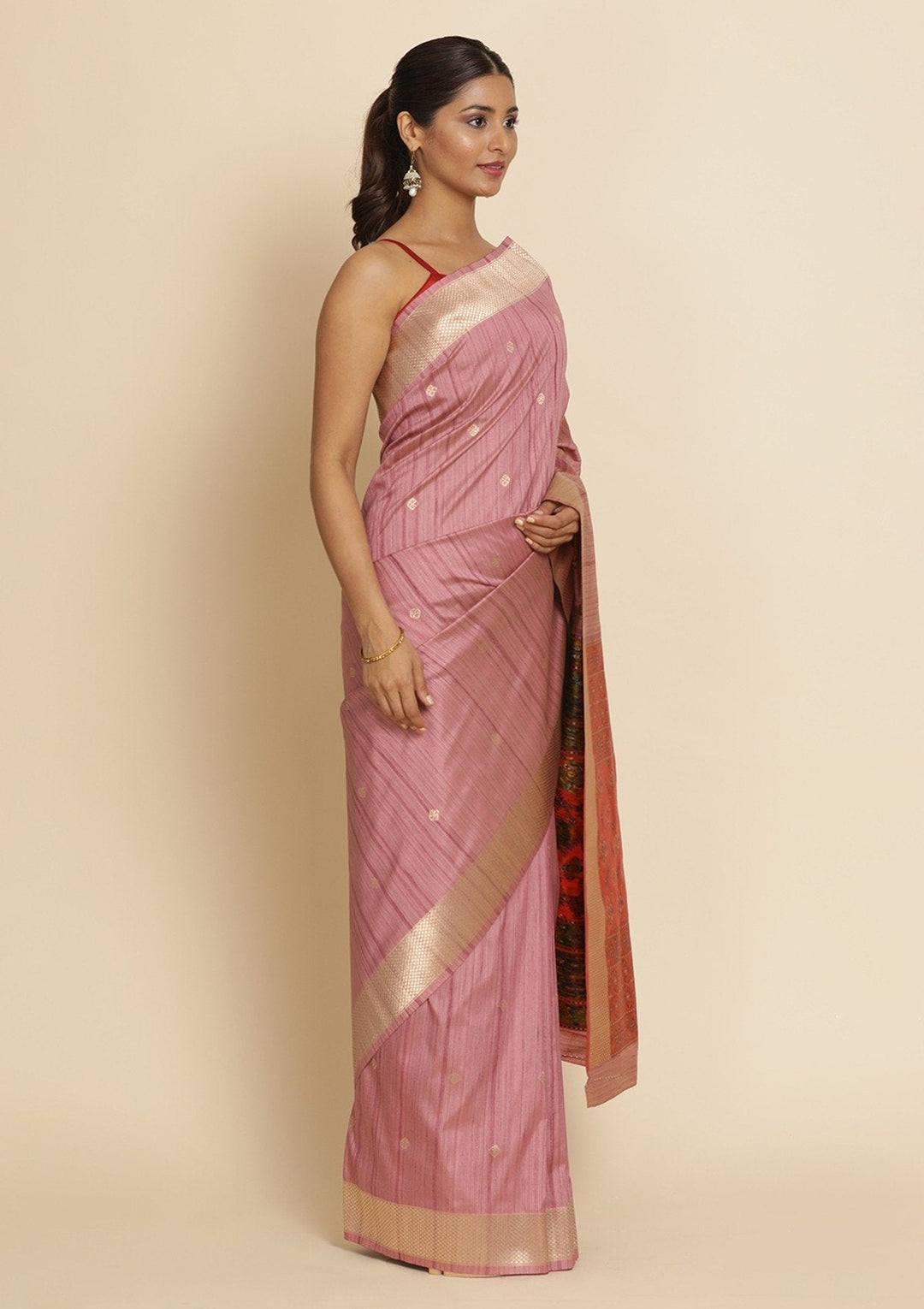Onion Pink Zariwork Raw Silk Designer Saree - koskii