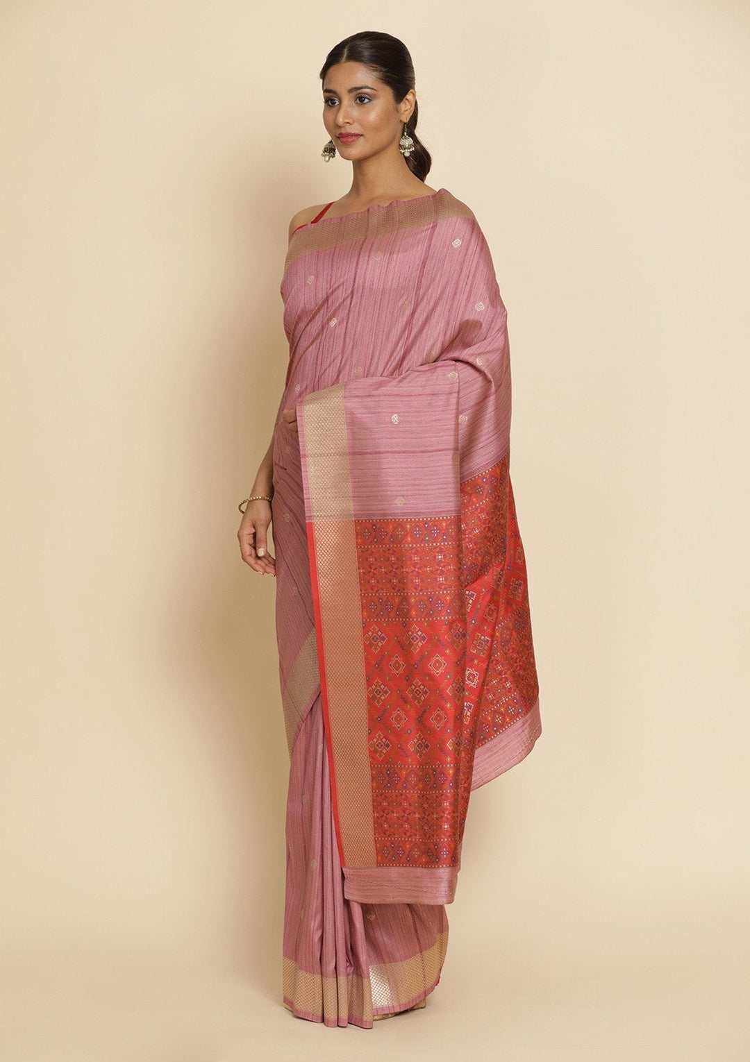 Onion Pink Zariwork Raw Silk Designer Saree - koskii