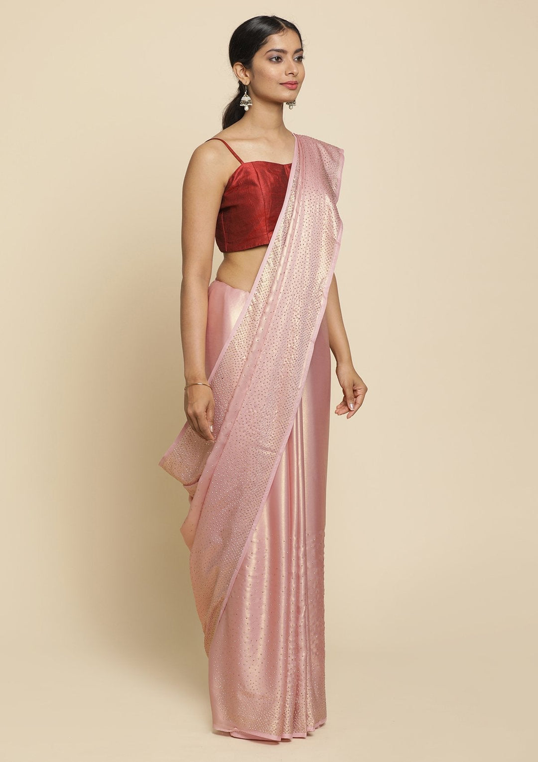 Onion Pink Swarovski  Shimmer Designer Saree - koskii