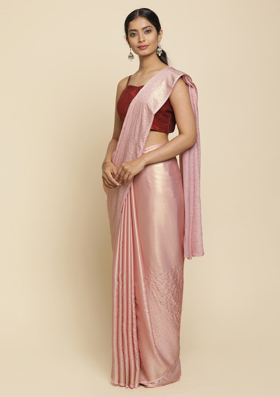 Onion Pink Swarovski  Shimmer Designer Saree - koskii