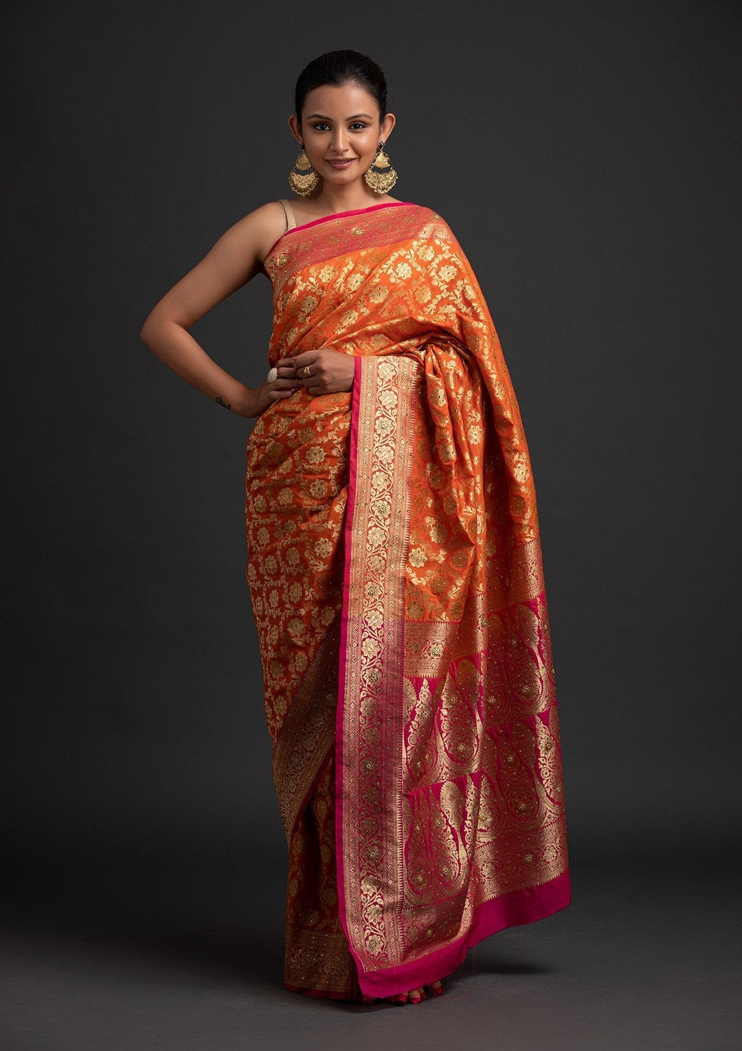 Orange Stonework Banarasi Designer Saree - koskii