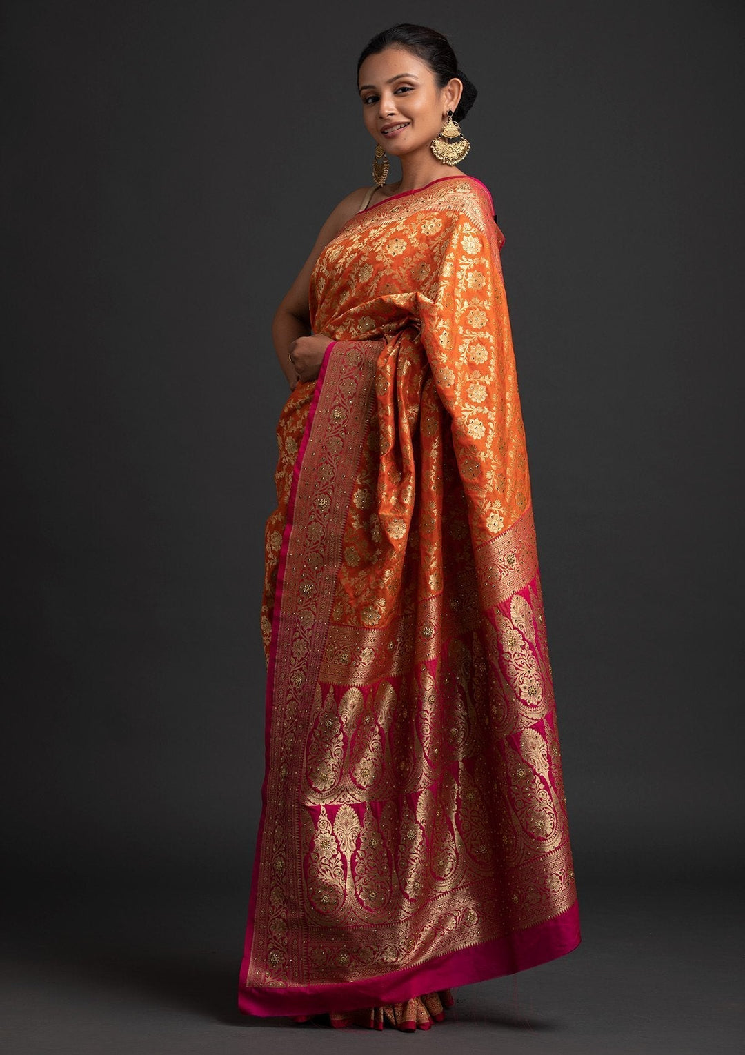 Orange Stonework Banarasi Designer Saree - koskii