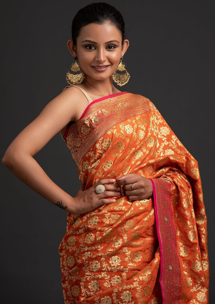 Orange Stonework Banarasi Designer Saree - koskii