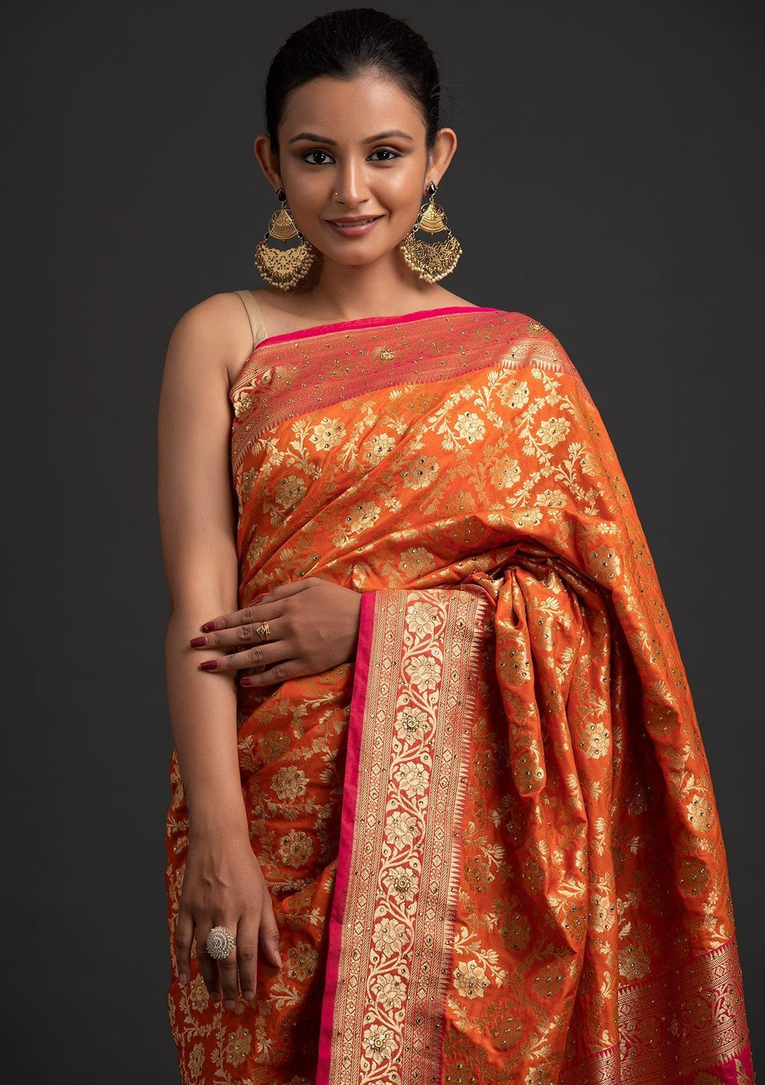 Orange Stonework Banarasi Designer Saree - koskii