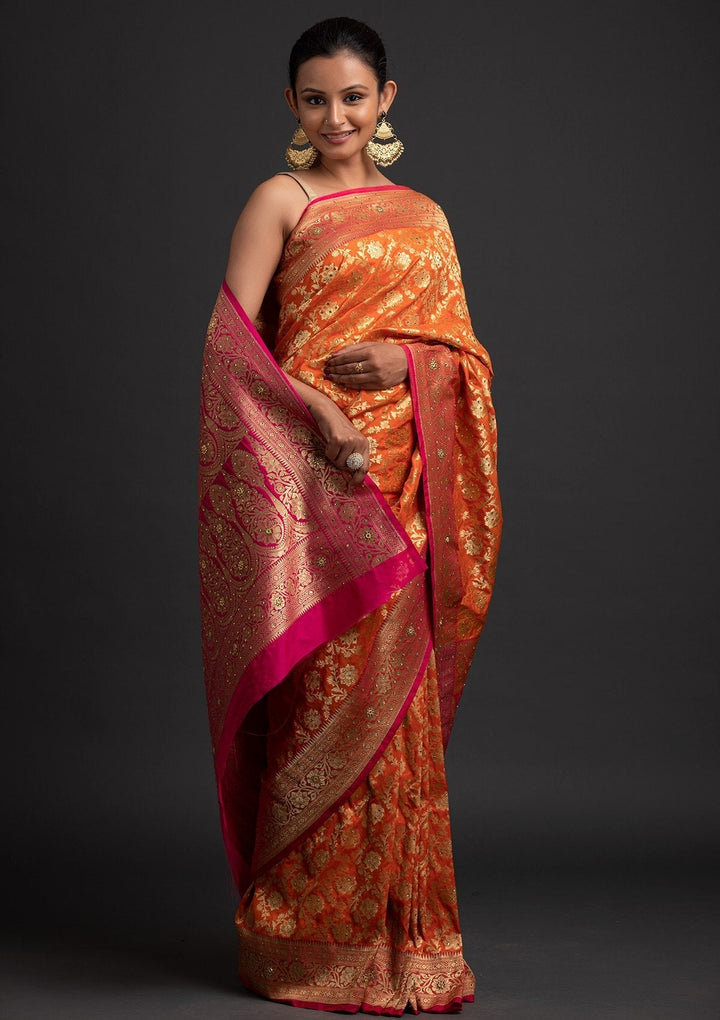Orange Stonework Banarasi Designer Saree - koskii