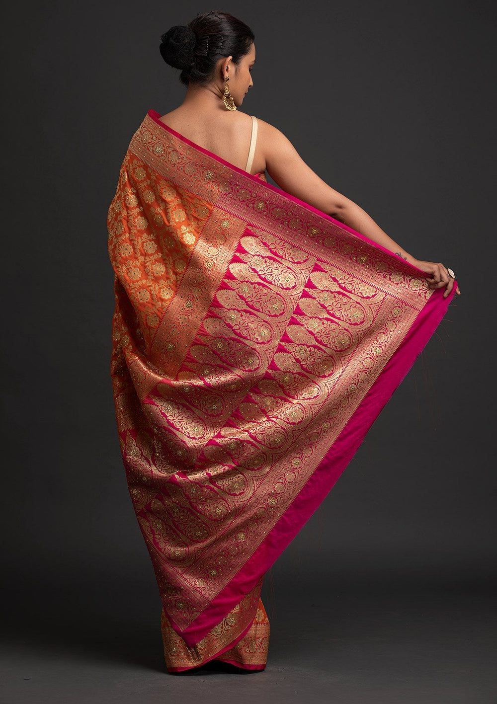 Orange Stonework Banarasi Designer Saree - koskii