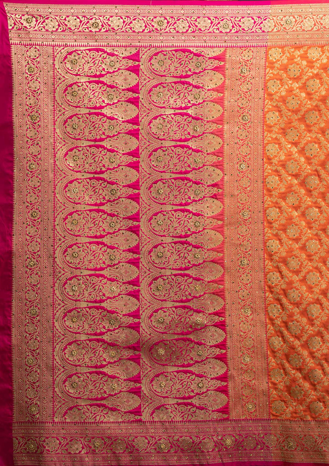 Orange Stonework Banarasi Designer Saree - koskii