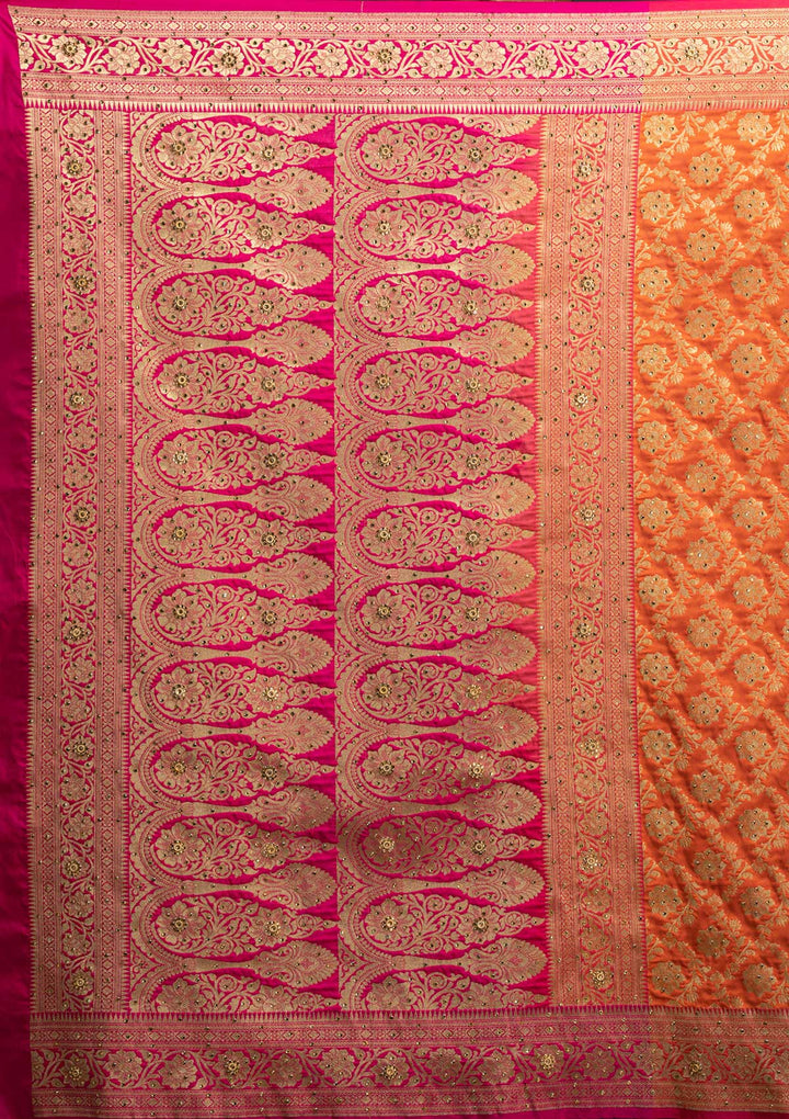 Orange Stonework Banarasi Designer Saree - koskii