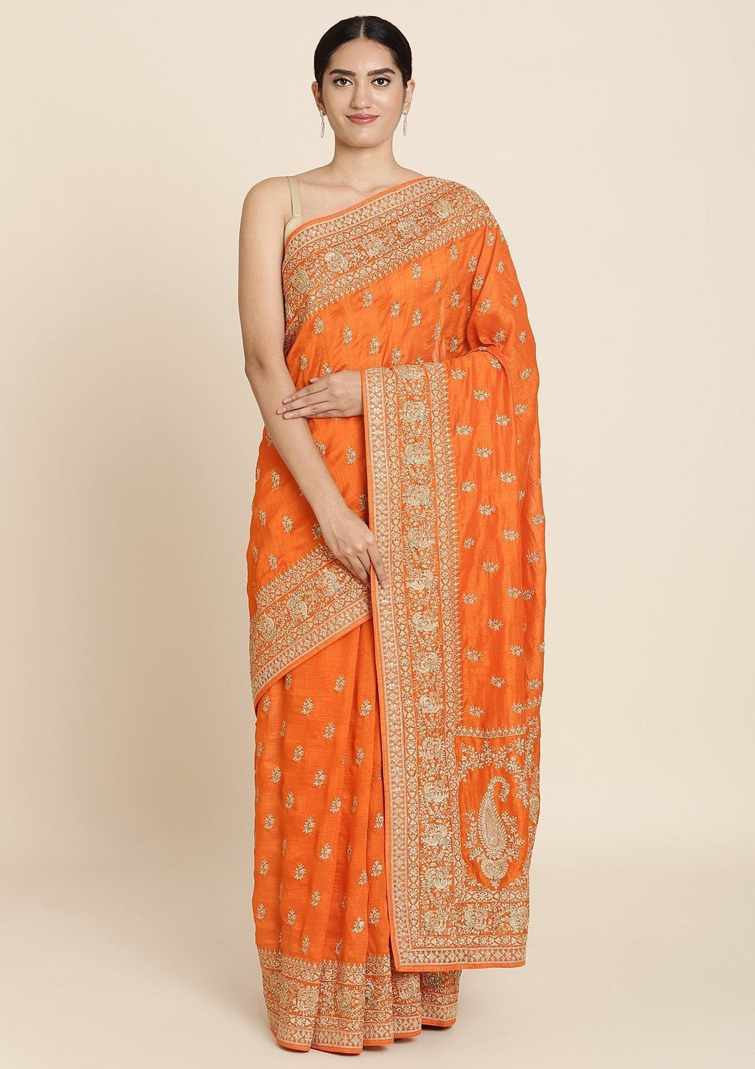 Orange Zariwork Raw Silk Designer Saree - koskii