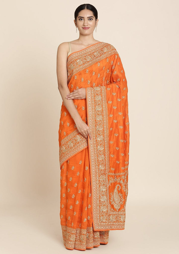 Orange Zariwork Raw Silk Designer Saree - koskii