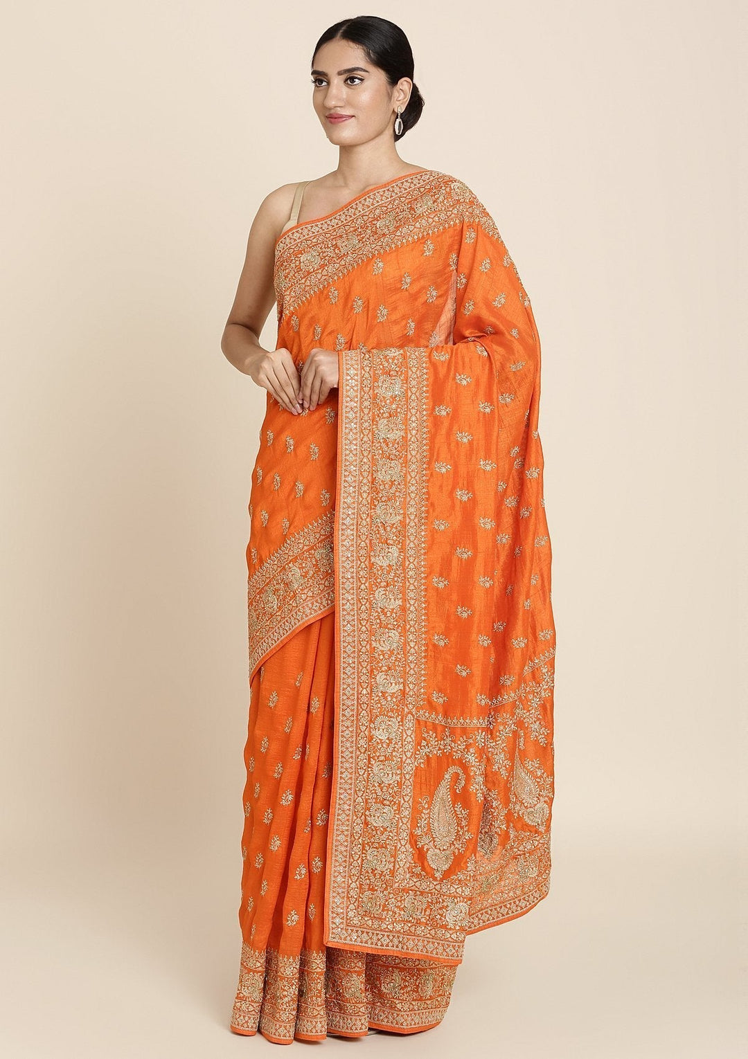 Orange Zariwork Raw Silk Designer Saree - koskii