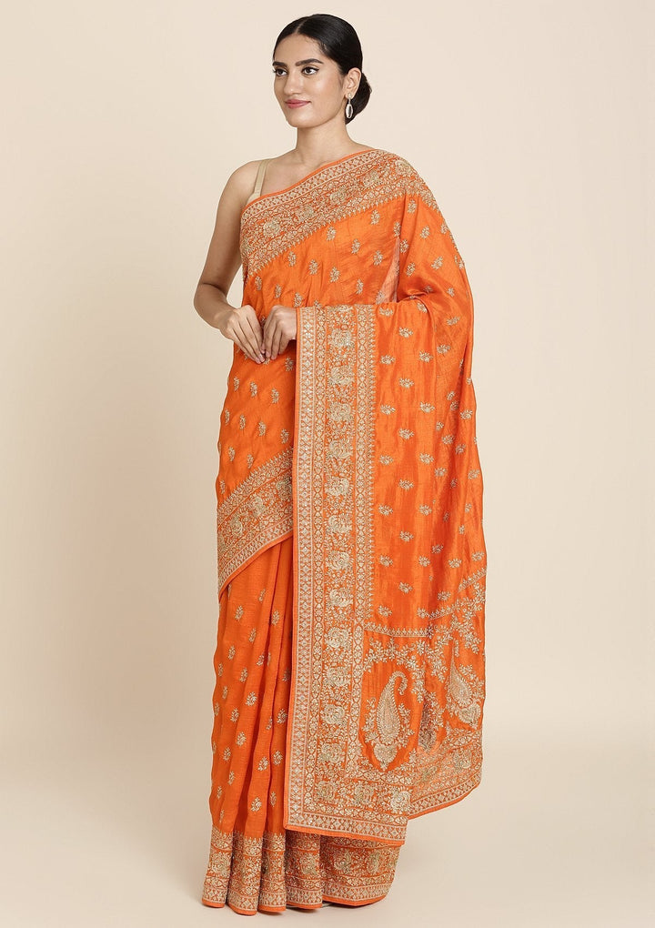 Orange Zariwork Raw Silk Designer Saree - koskii
