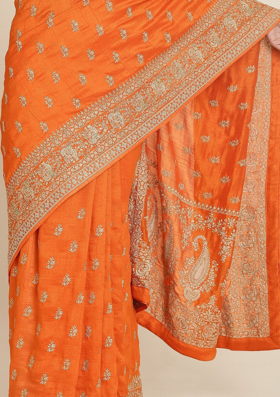 Orange Zariwork Raw Silk Designer Saree - koskii