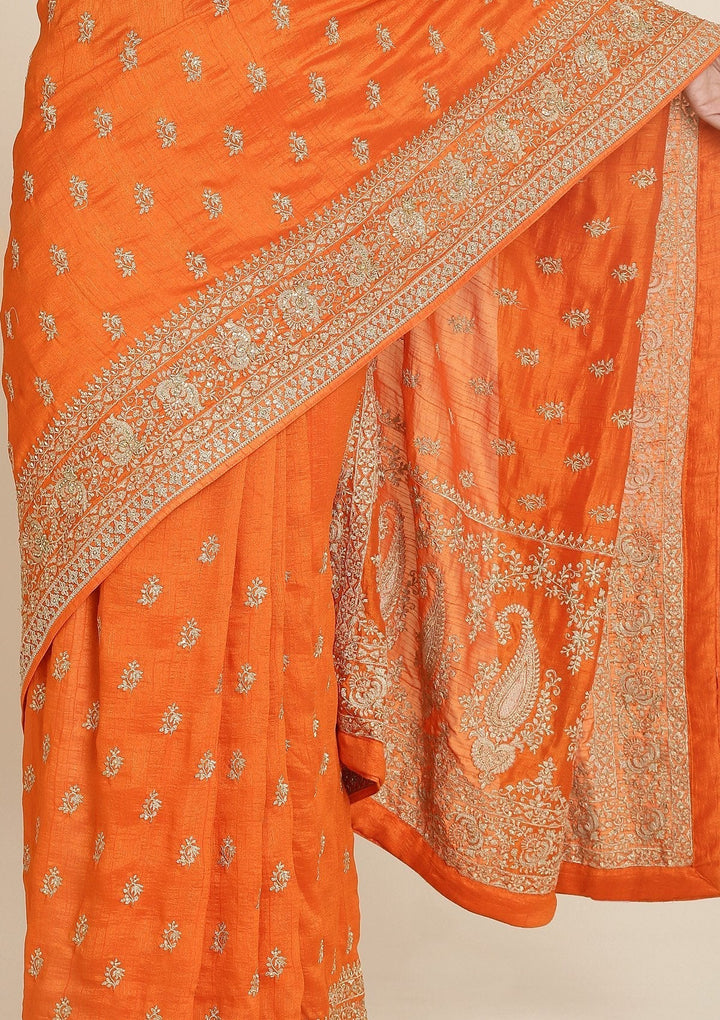 Orange Zariwork Raw Silk Designer Saree - koskii