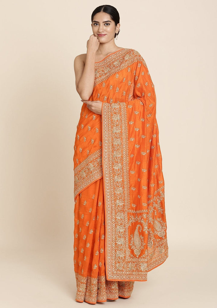 Orange Zariwork Raw Silk Designer Saree - koskii