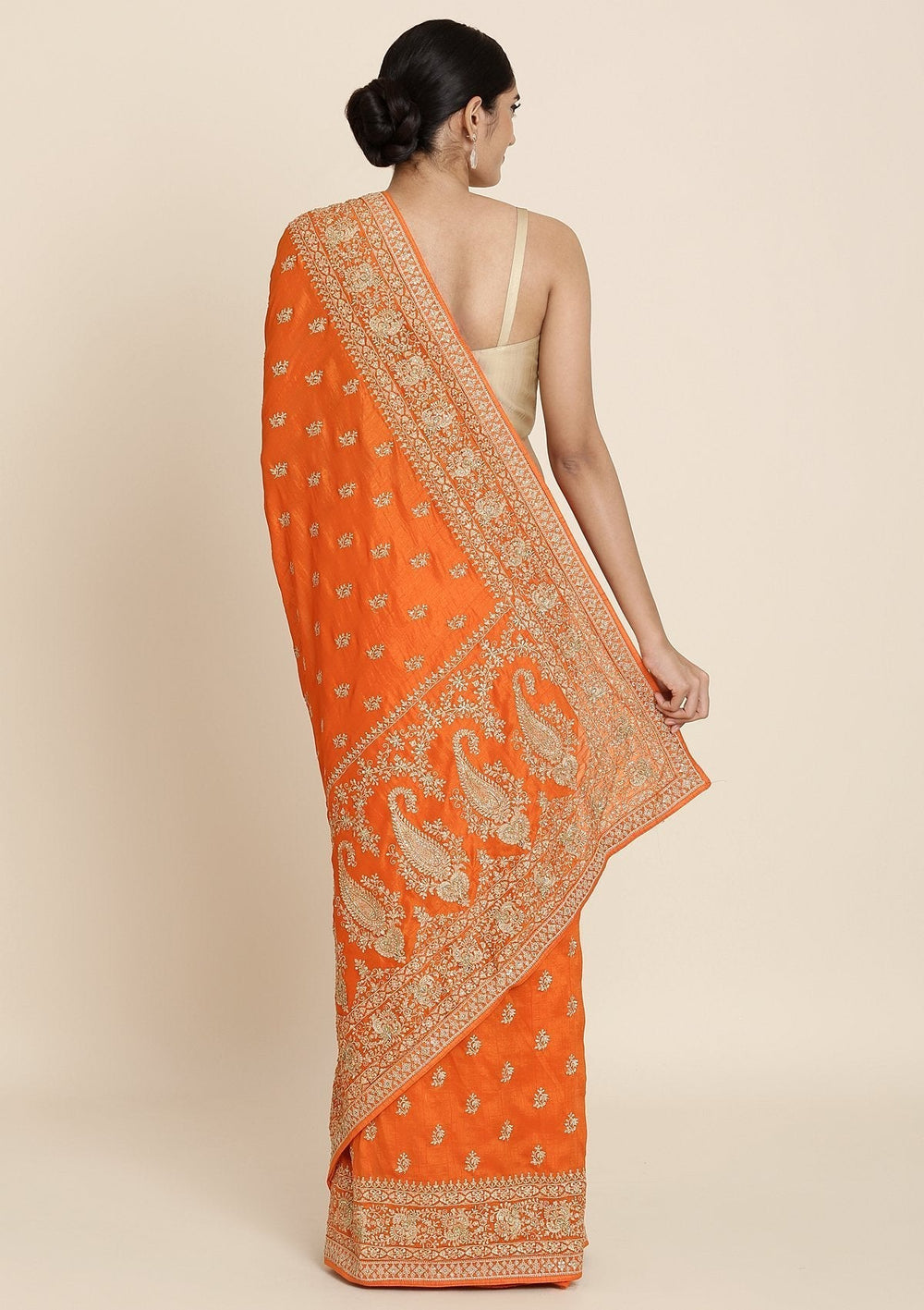 Orange Zariwork Raw Silk Designer Saree - koskii