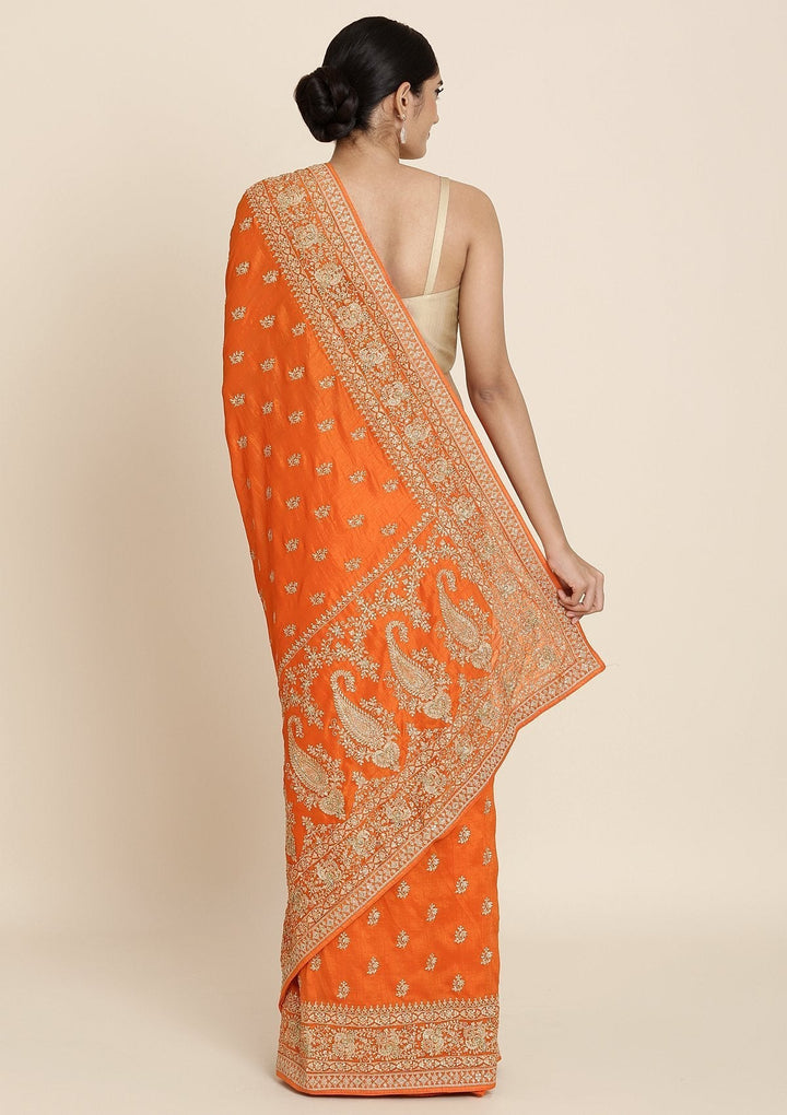 Orange Zariwork Raw Silk Designer Saree - koskii