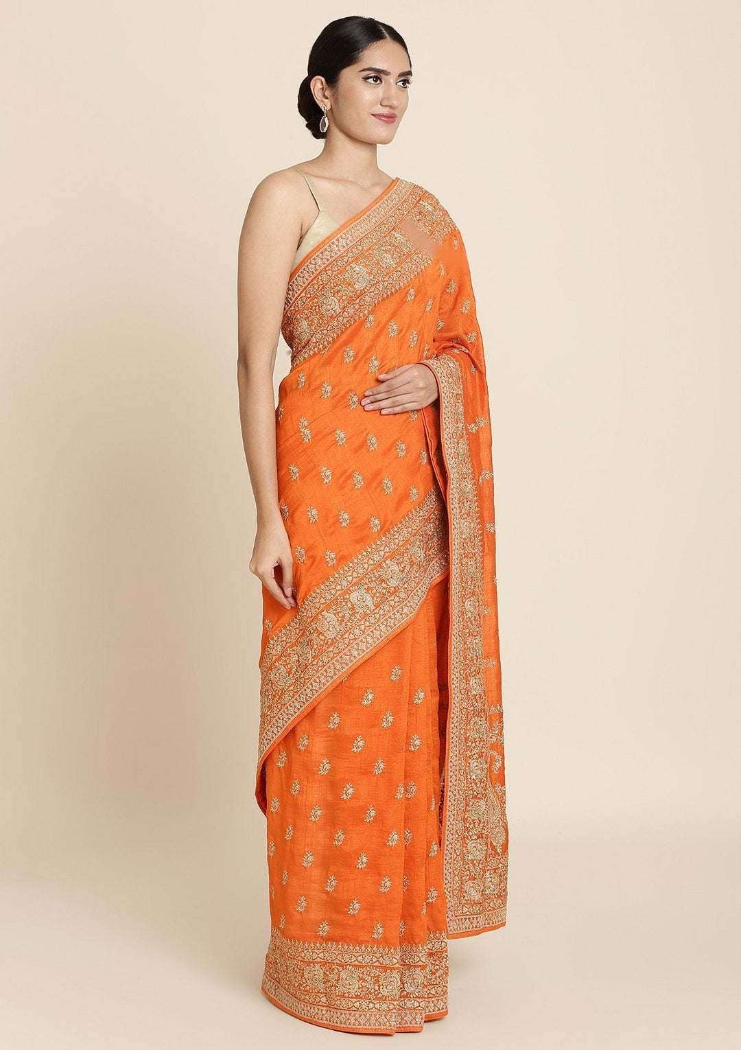 Orange Zariwork Raw Silk Designer Saree - koskii