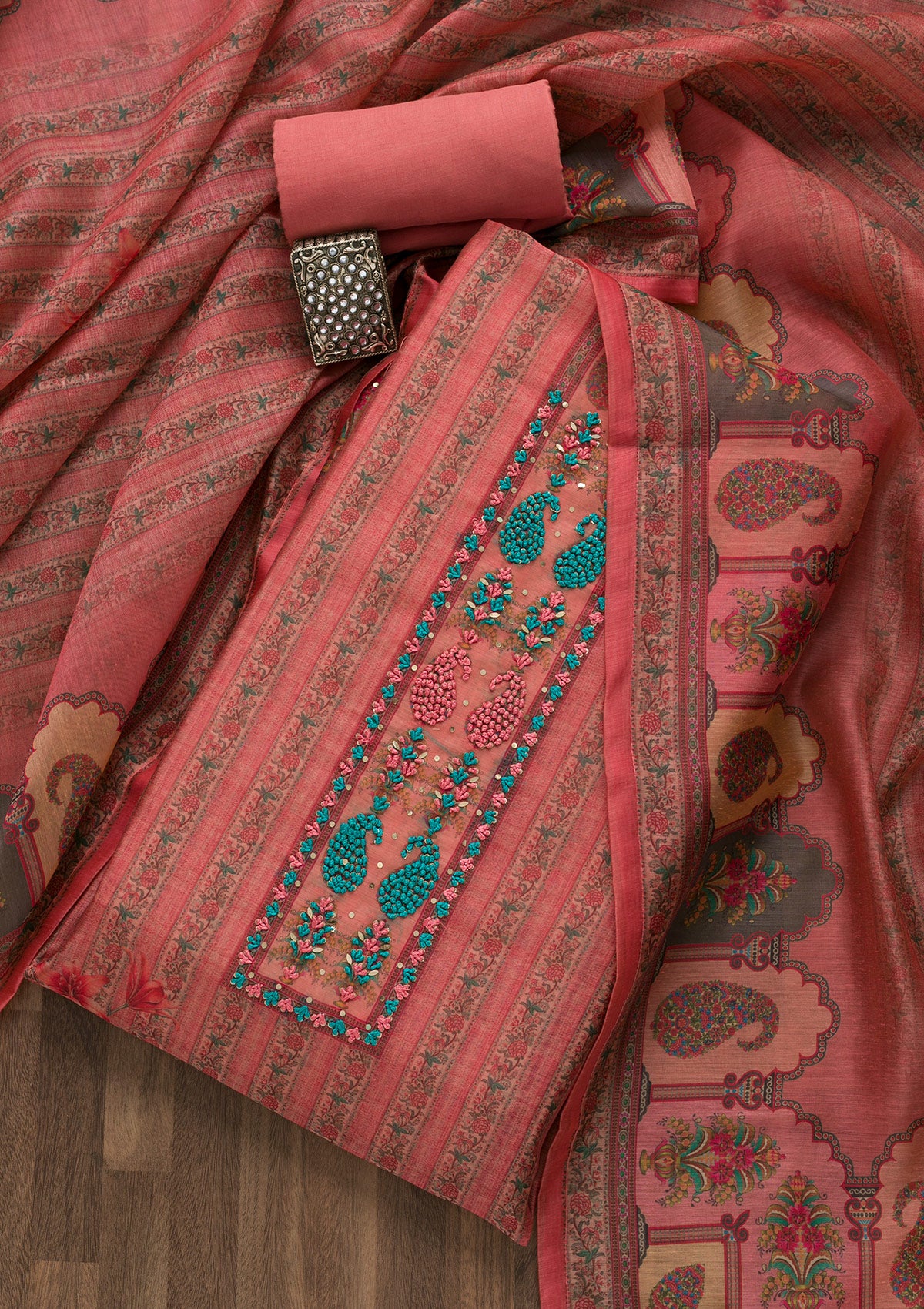 Peach Printed Art Silk Semi-Stitched Salwar Suit-Koskii