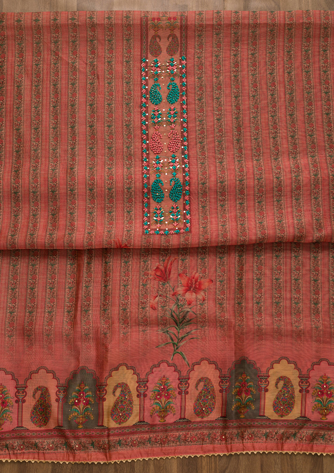 Peach Printed Art Silk Semi-Stitched Salwar Suit-Koskii
