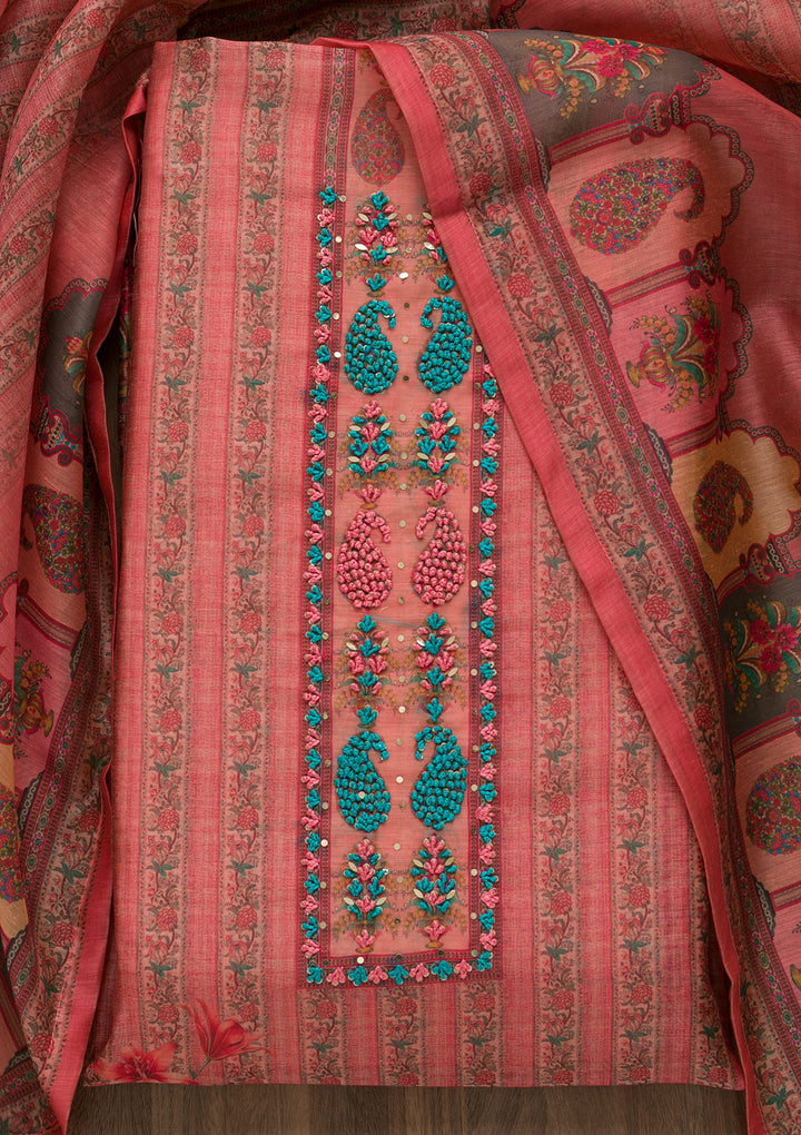 Peach Printed Art Silk Semi-Stitched Salwar Suit-Koskii