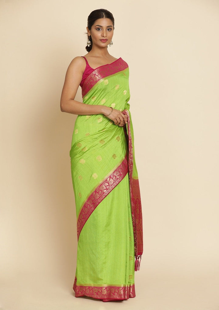 Parrot Green Zariwork Art Silk Designer Saree - koskii