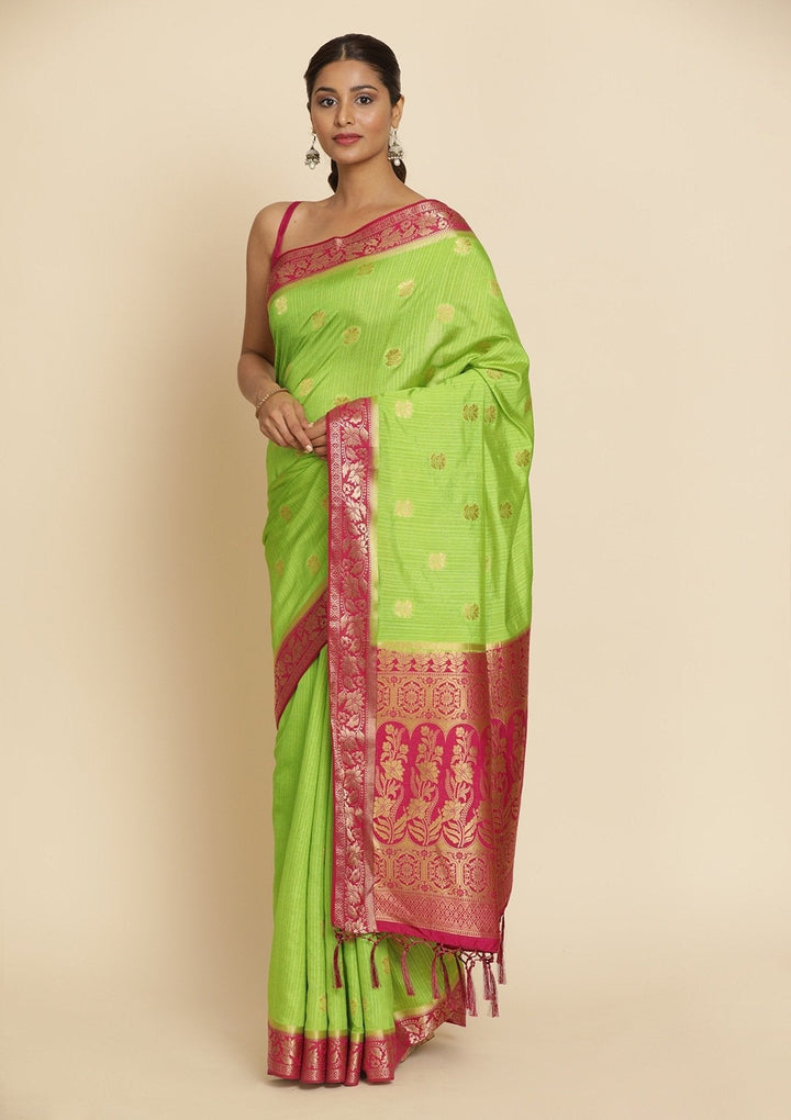 Parrot Green Zariwork Art Silk Designer Saree - koskii
