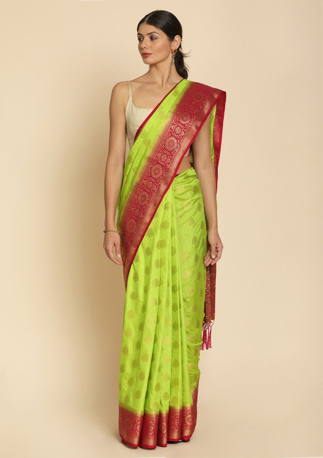 Parrot Green Zariwork Raw Silk Designer Saree - koskii