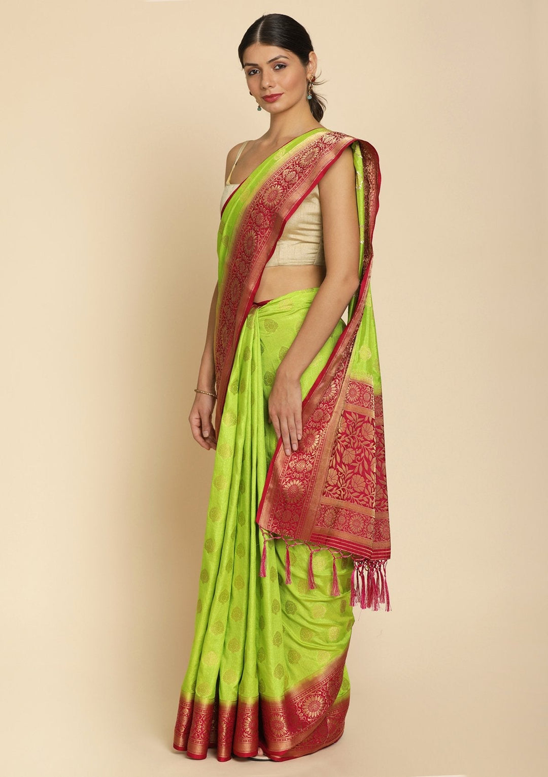 Parrot Green Zariwork Raw Silk Designer Saree - koskii