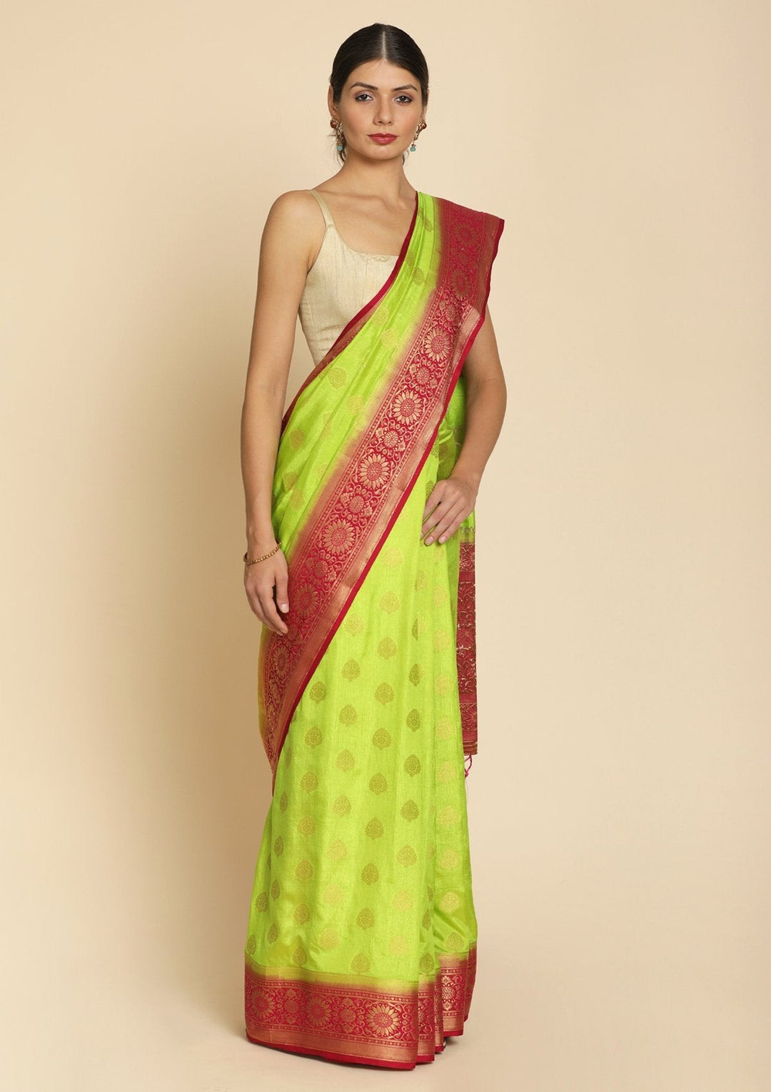 Parrot Green Zariwork Raw Silk Designer Saree - koskii
