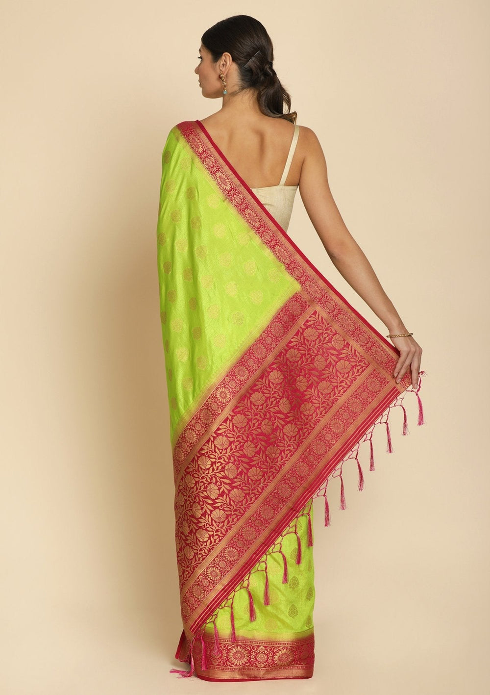 Parrot Green Zariwork Raw Silk Designer Saree - koskii