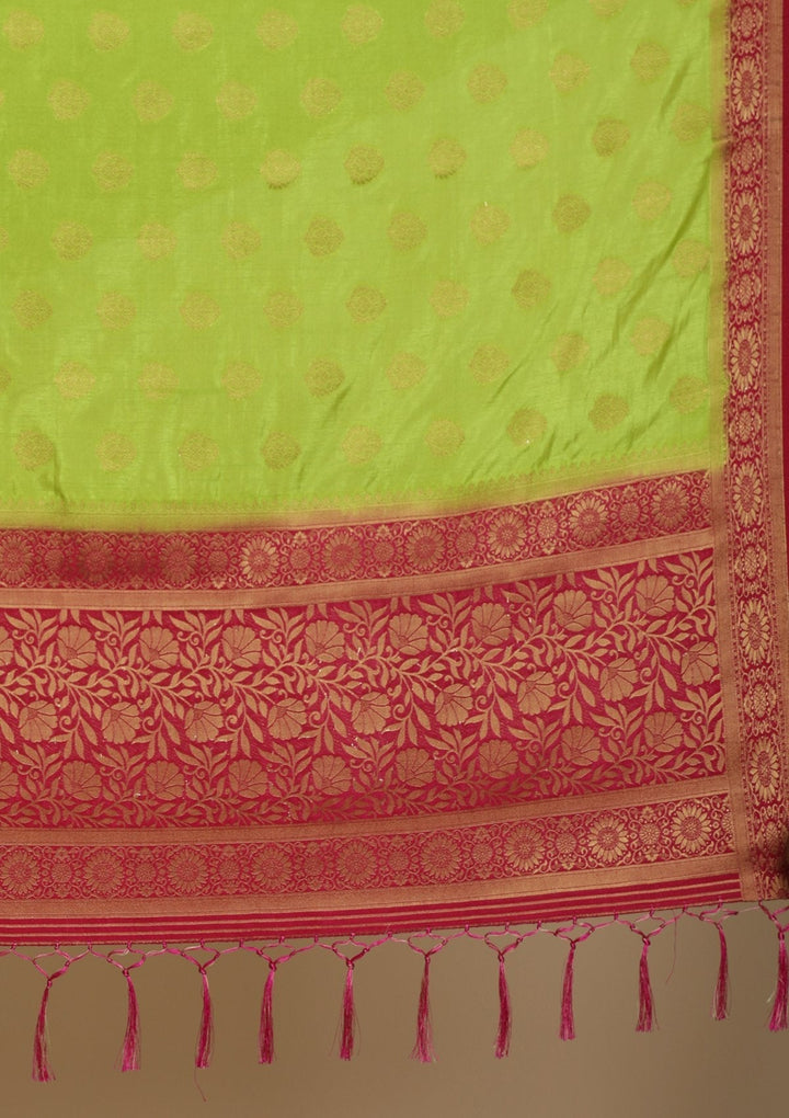 Parrot Green Zariwork Raw Silk Designer Saree - koskii