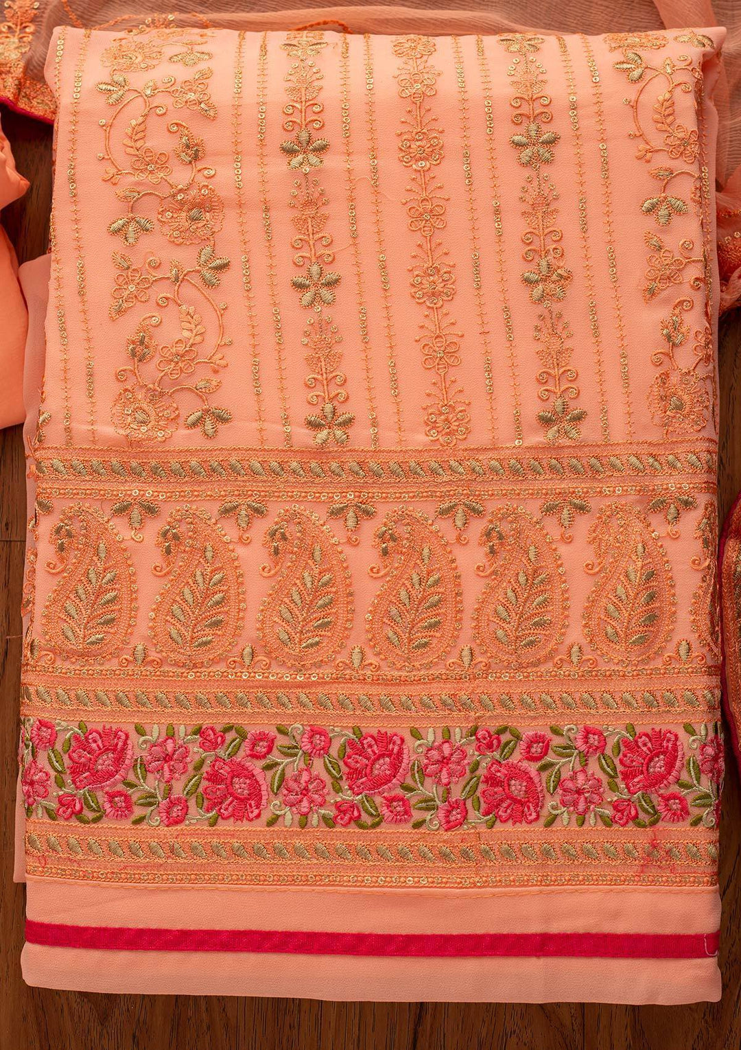 Peach Chikankari Georgette Designer Unstitched Salwar Suit - koskii