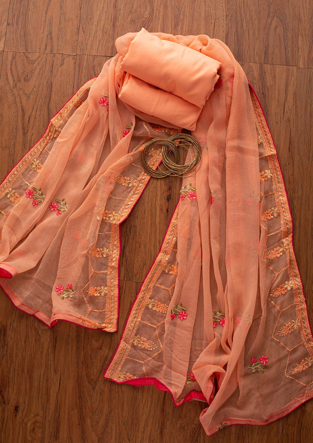 Peach Chikankari Georgette Designer Unstitched Salwar Suit - koskii