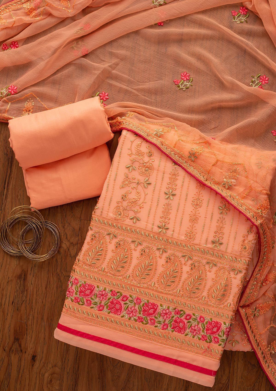 Peach Chikankari Georgette Designer Unstitched Salwar Suit - koskii