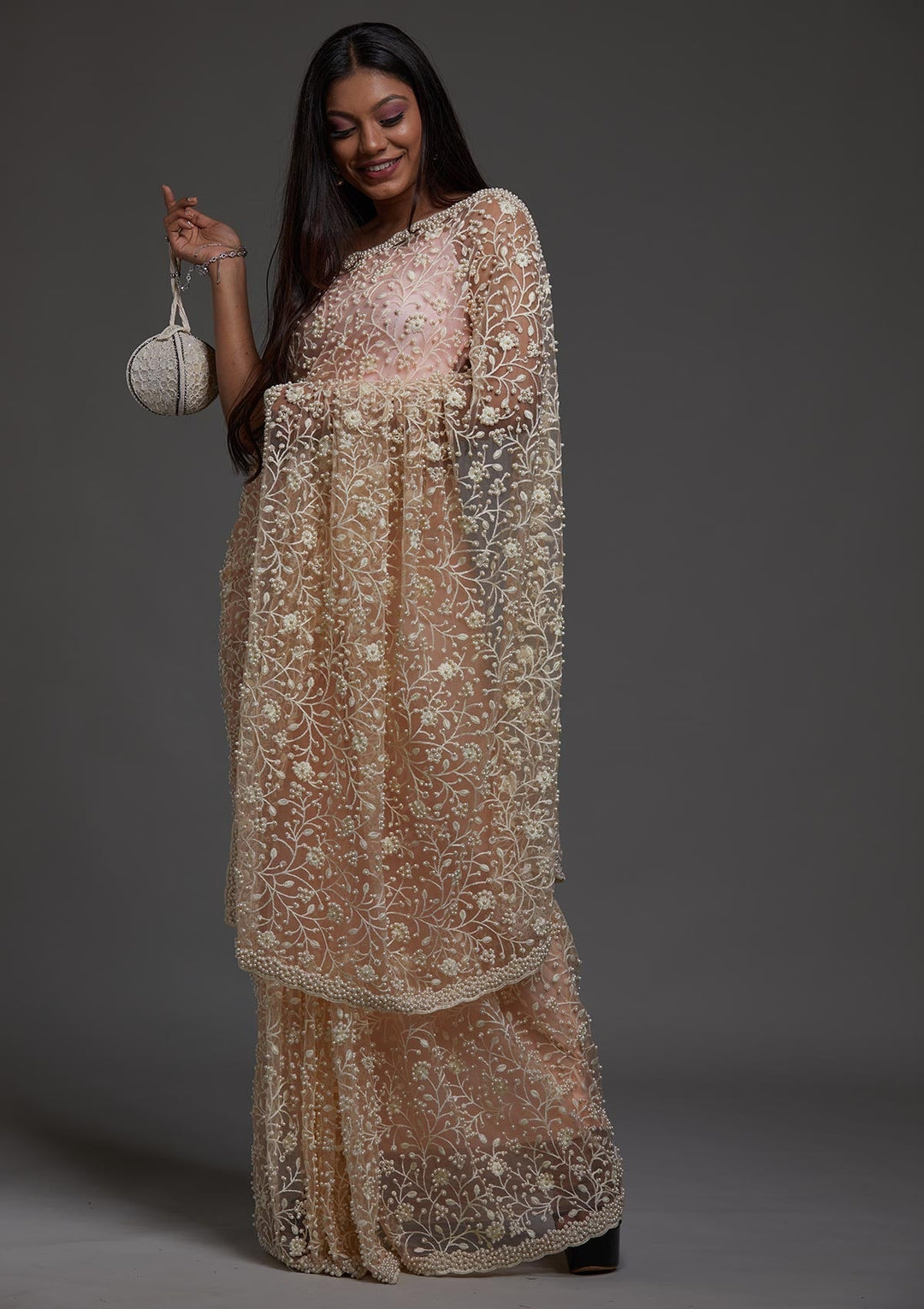 Peach Pearlwork Net Designer Saree-Koskii