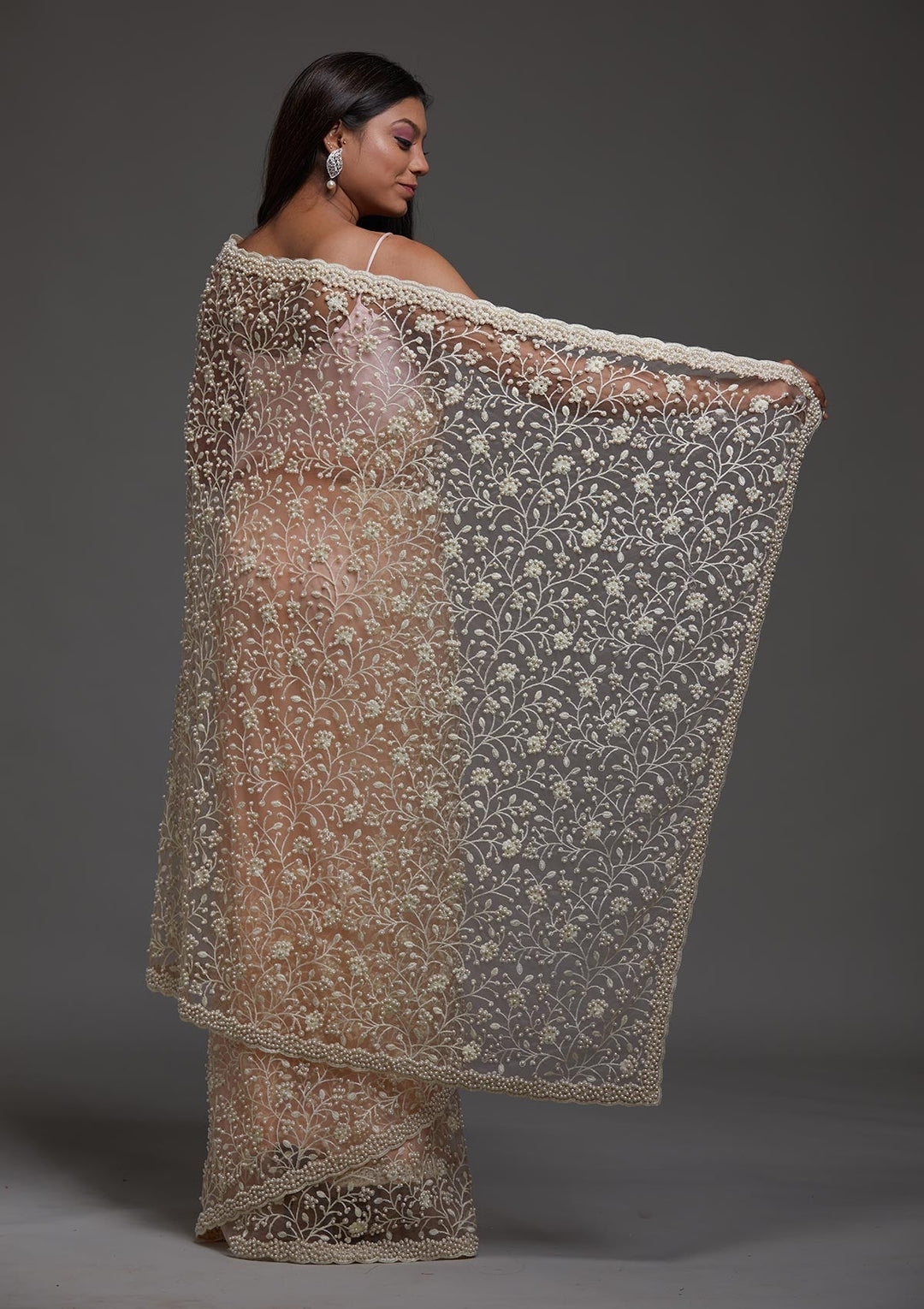 Peach Pearlwork Net Designer Saree-Koskii