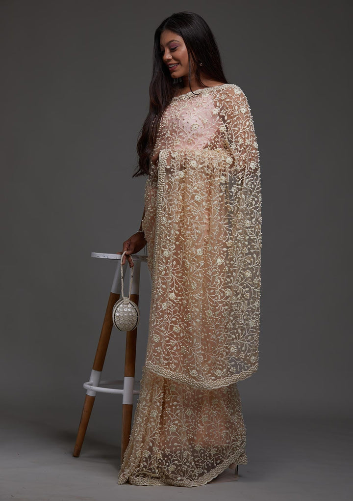 Peach Pearlwork Net Designer Saree-Koskii