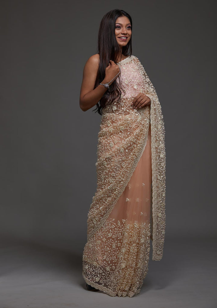 Peach Pearlwork Net Designer Saree-Koskii