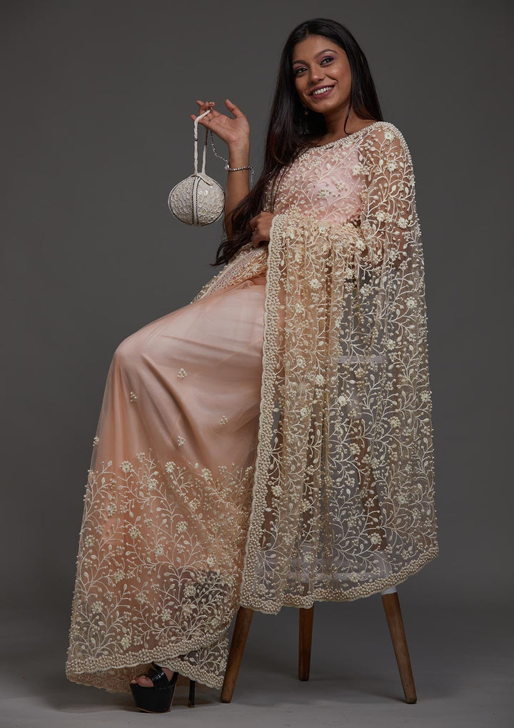 Peach Pearlwork Net Designer Saree-Koskii