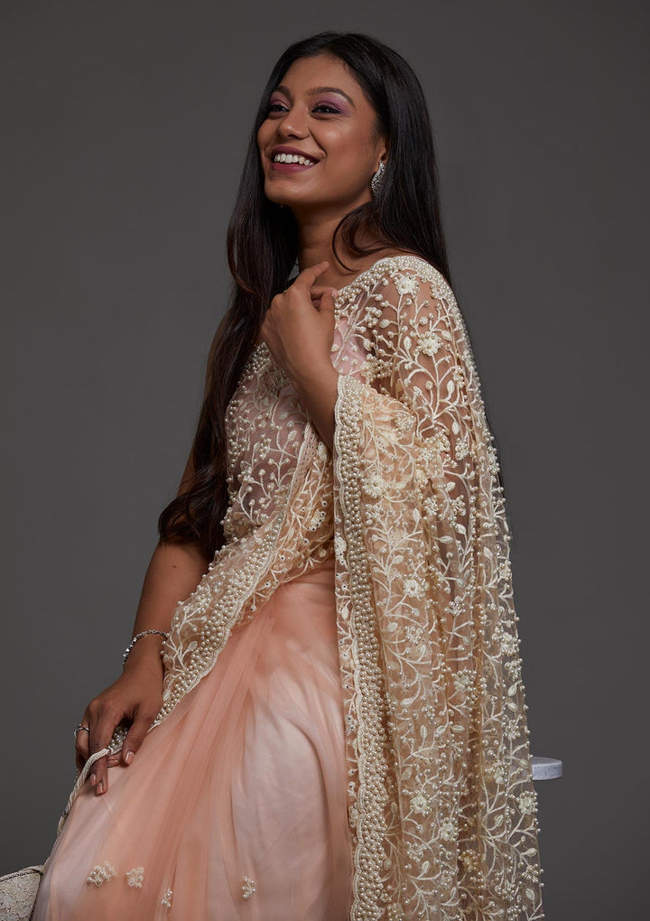 Peach Pearlwork Net Designer Saree-Koskii
