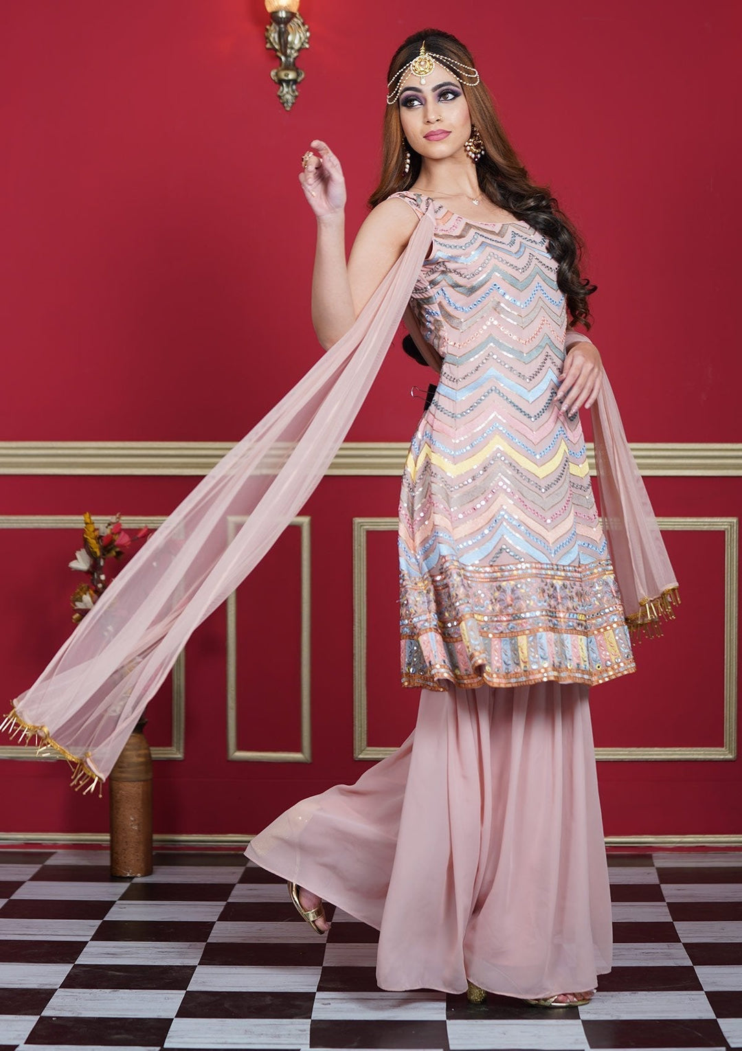 Peach Sequins Georgette Designer Salwar Suit - koskii