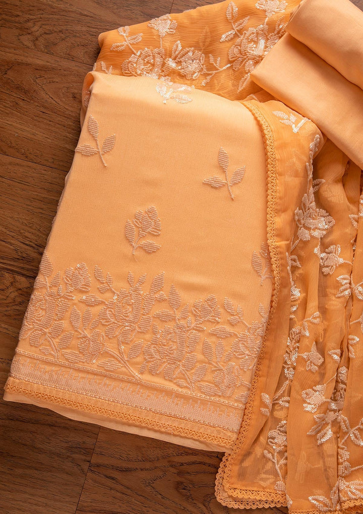 Peach Sequins Georgette Designer Unstitched Salwar Suit - koskii