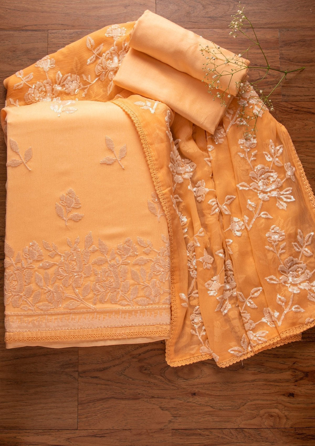 Peach Sequins Georgette Designer Unstitched Salwar Suit - koskii