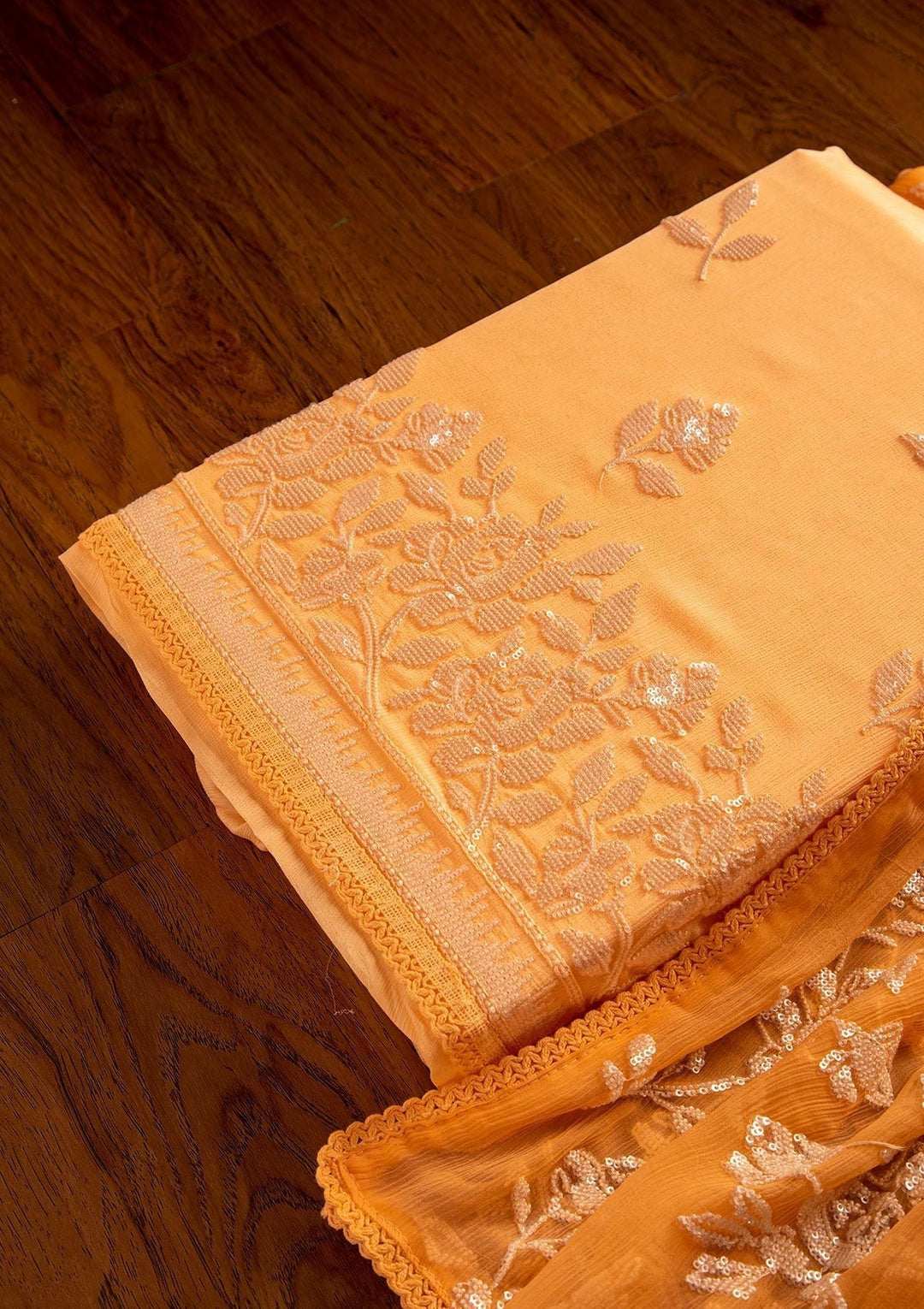 Peach Sequins Georgette Designer Unstitched Salwar Suit - koskii