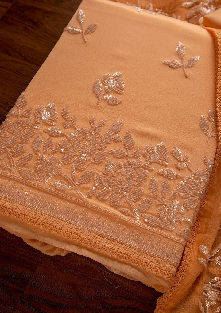 Peach Sequins Georgette Designer Unstitched Salwar Suit - koskii