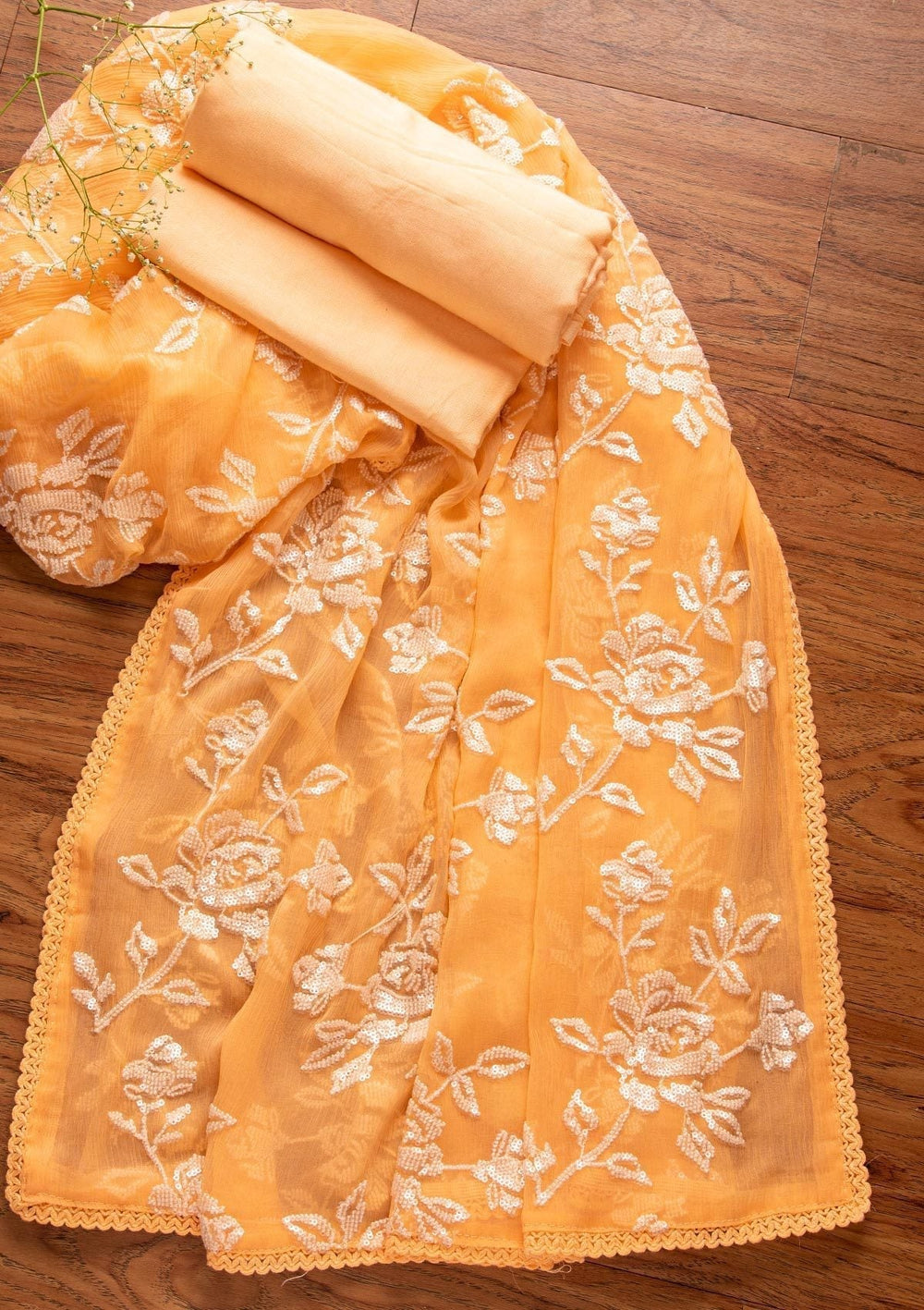 Peach Sequins Georgette Designer Unstitched Salwar Suit - koskii