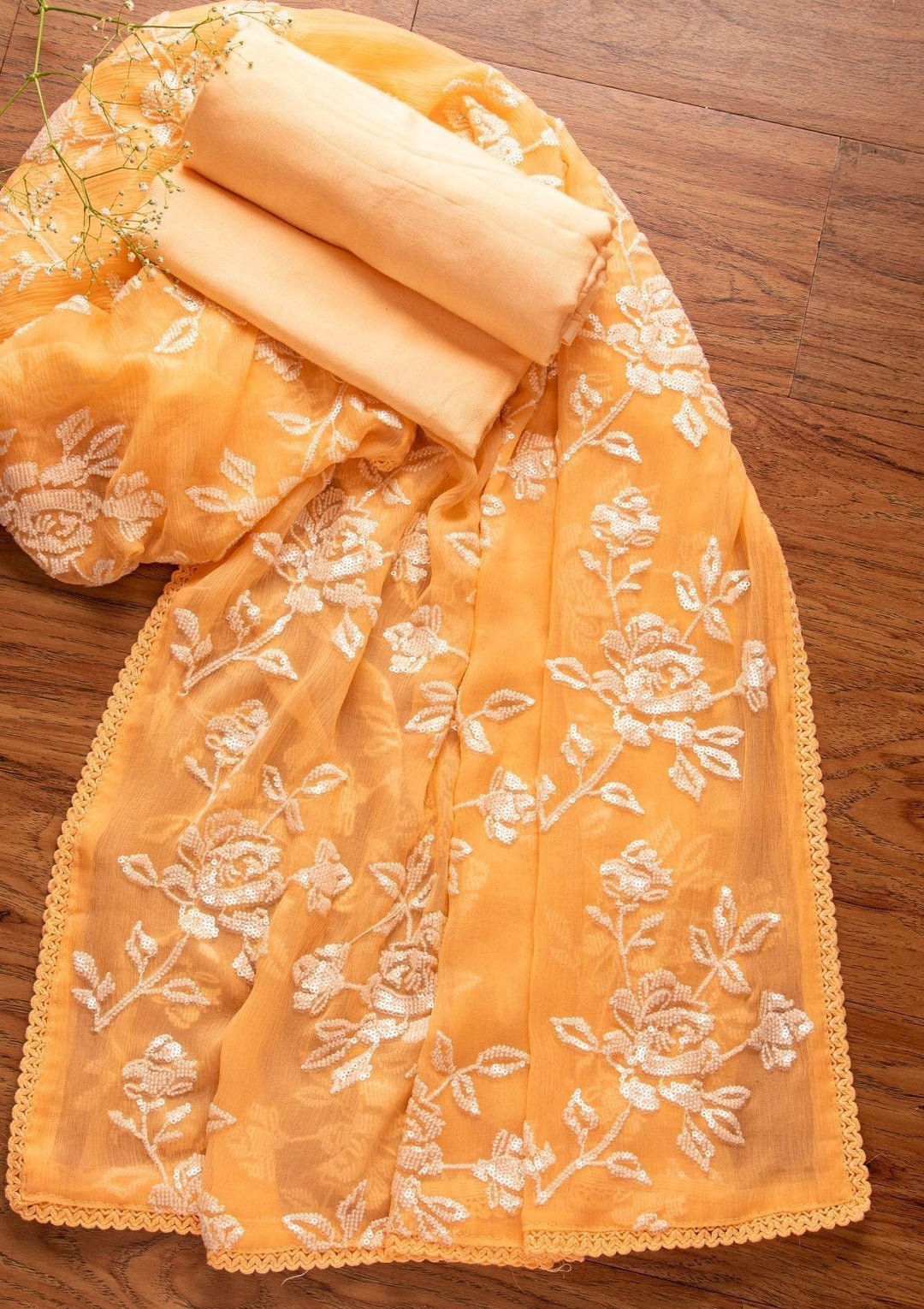 Peach Sequins Georgette Designer Unstitched Salwar Suit - koskii