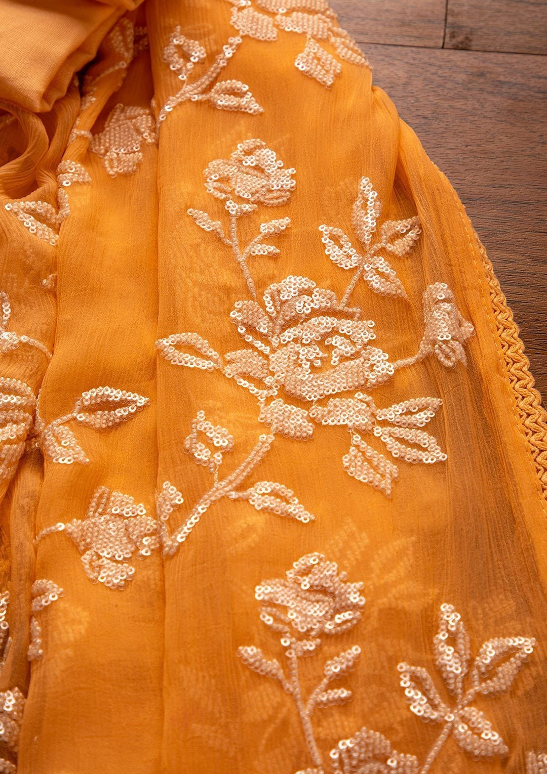 Peach Sequins Georgette Designer Unstitched Salwar Suit - koskii