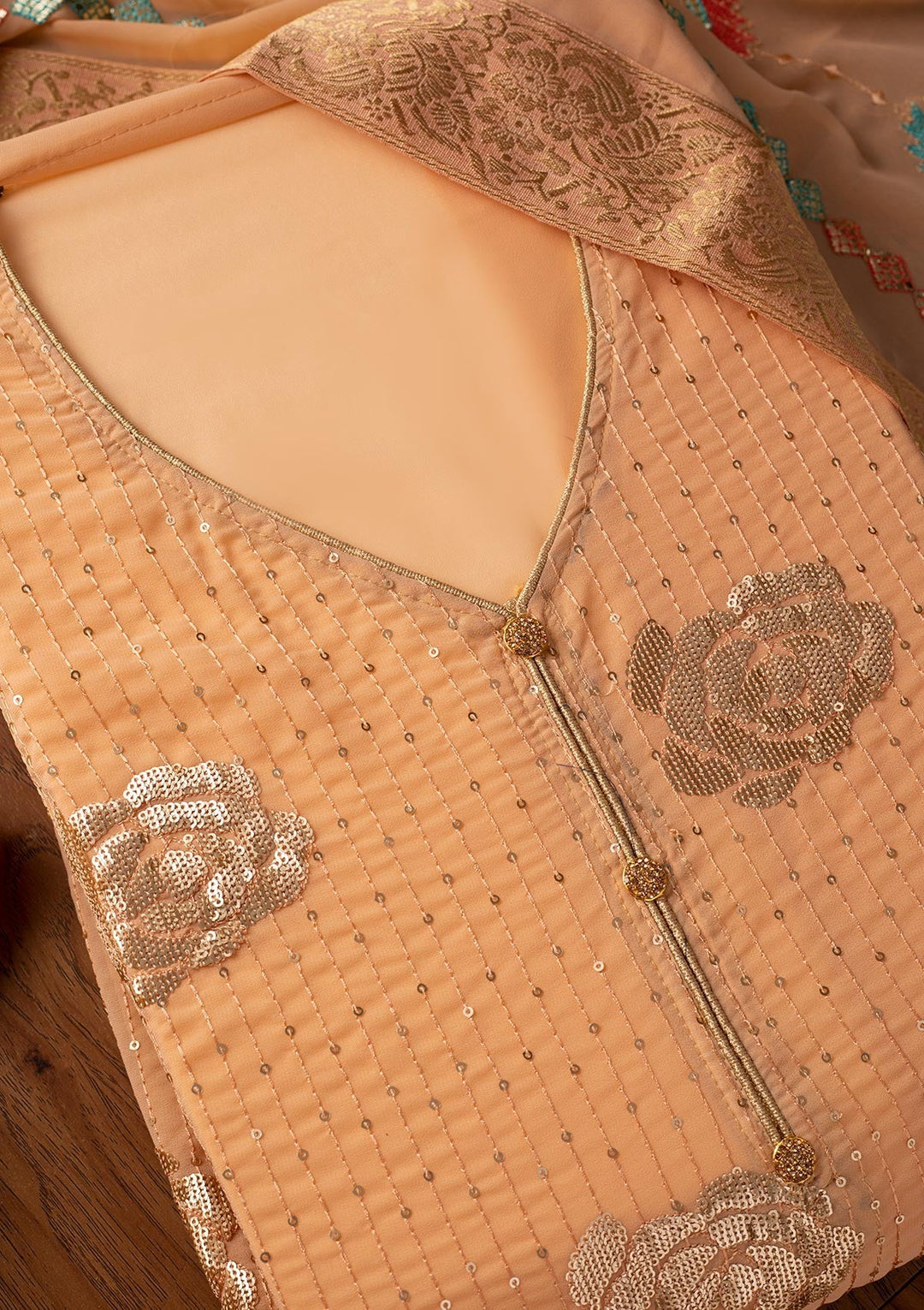 Peach Sequins Georgette Designer Unstitched Salwar Suit - koskii